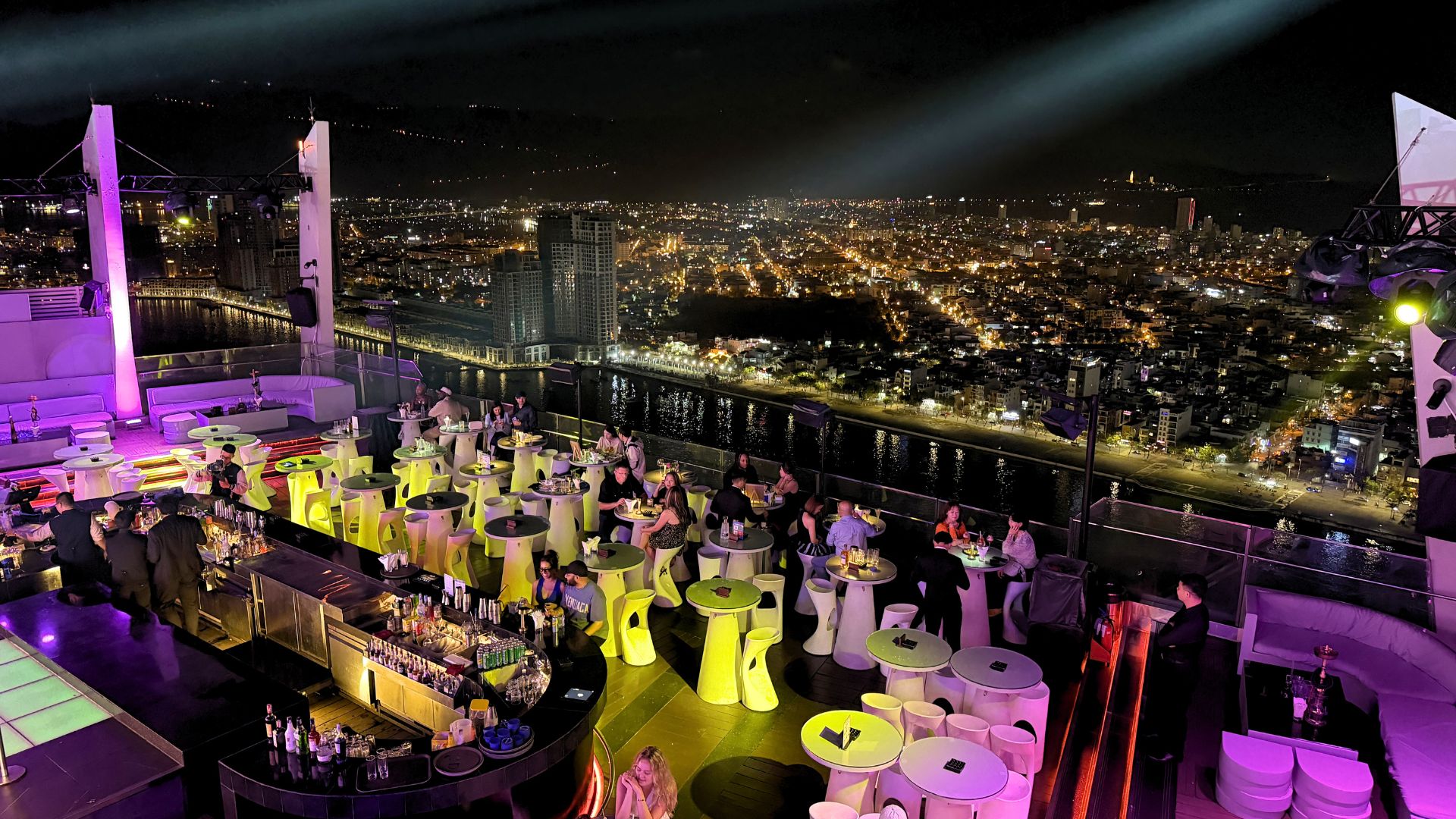 Panoramic night view from Sky36 rooftop bar overlooking Da Nang city and the Han River in Vietnam. Panoramic night view from Sky36 rooftop bar overlooking Da Nang city and the Han River in Vietnam.
