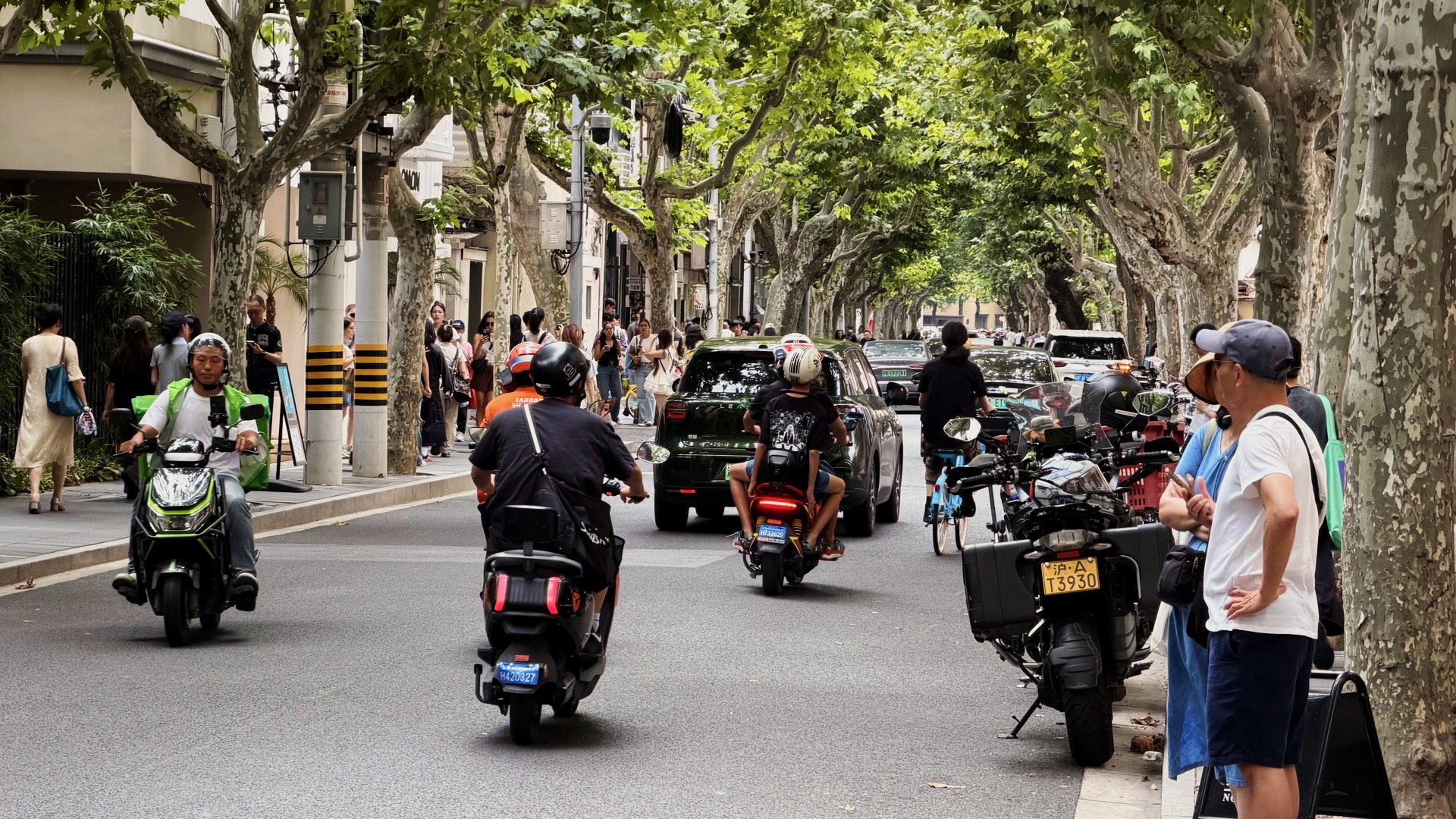 Electric scooters on a plane-tree-lined street in Shanghai Electric scooters on a plane-tree-lined street in Shanghai